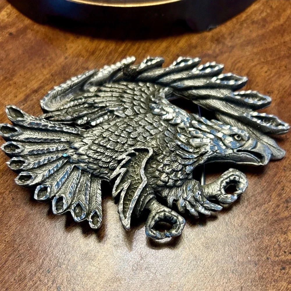 Vintage 1993 USA Made EJC Eagle Head Belt Buckle Silver Western Americana